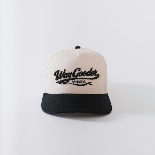 Bone and black Way Gooder Script Snapback, front view