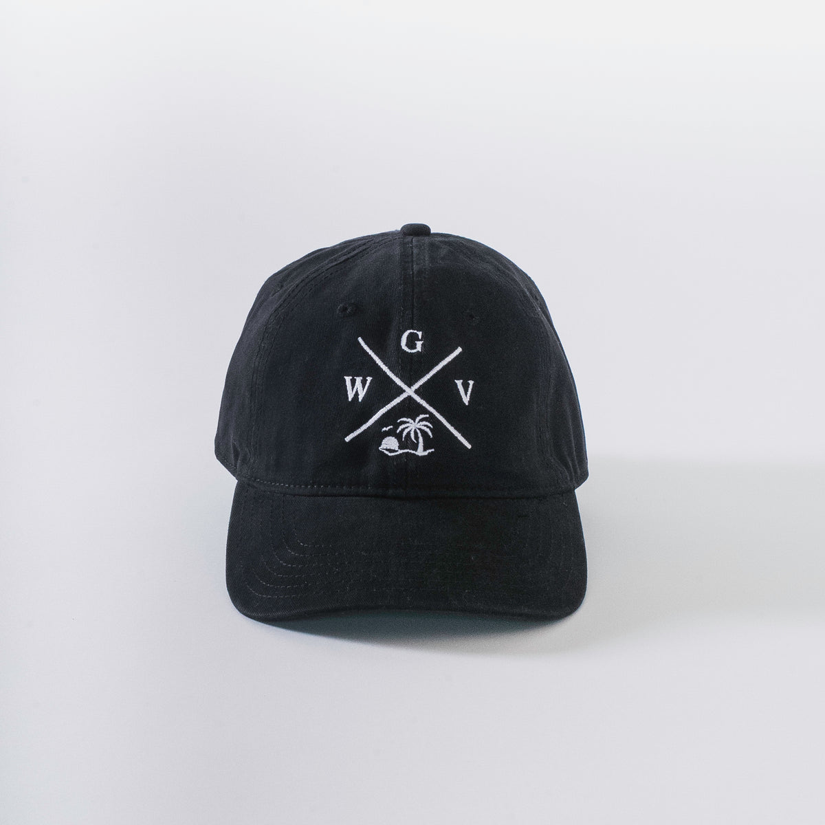 Black Coastal Mark dad hat front view with white embroidered WGV logo