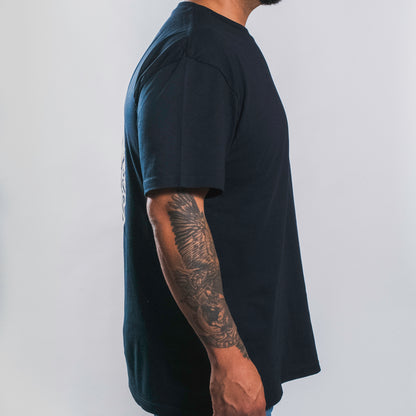 Side view of the navy Golden Horizon Tee showing the regular fit