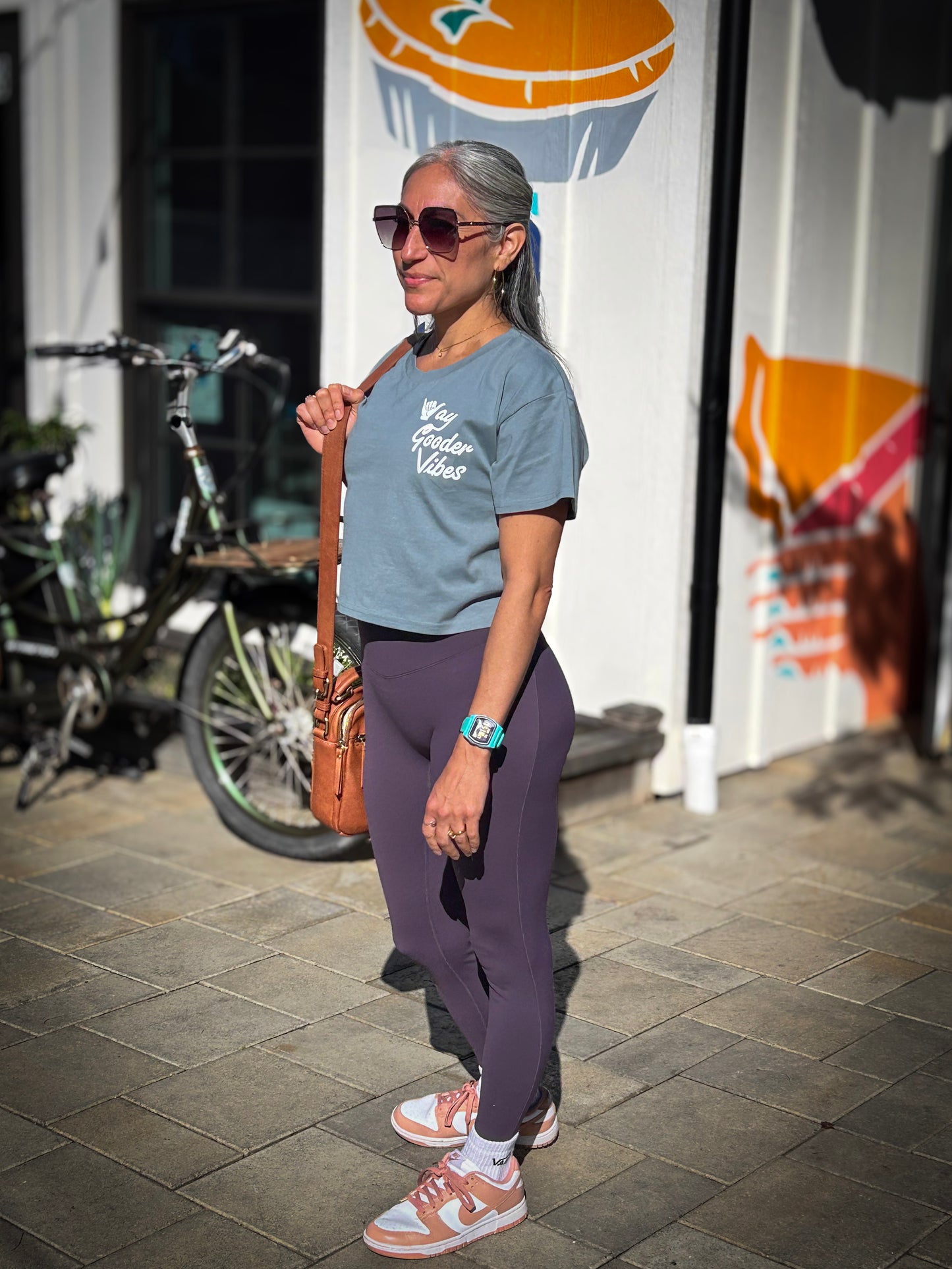 Woman wearing the Mineral crop tee showing the relaxed cropped fit
