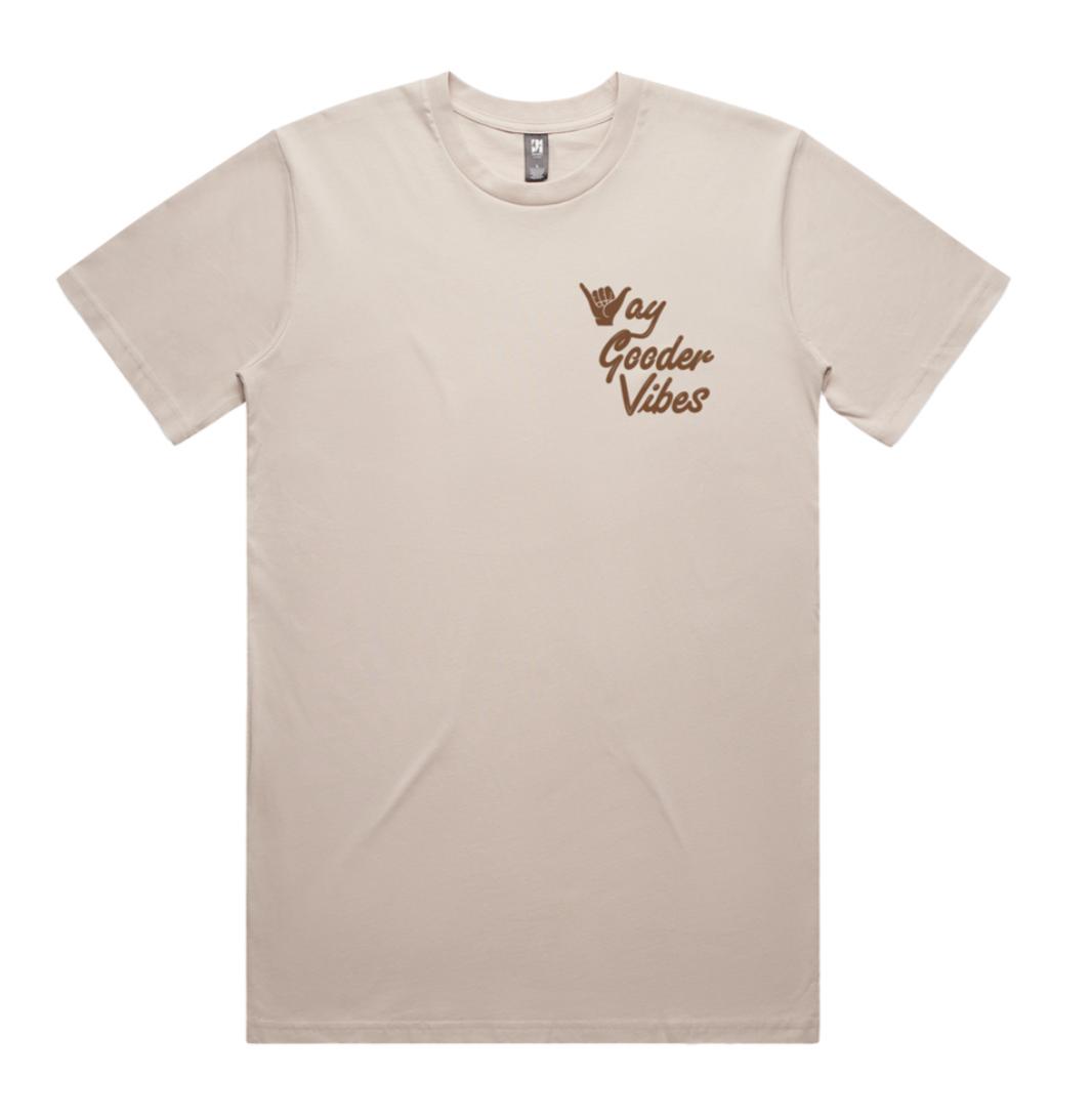 Bone Gooder Vibes Tee front view with brown shaka chest graphic